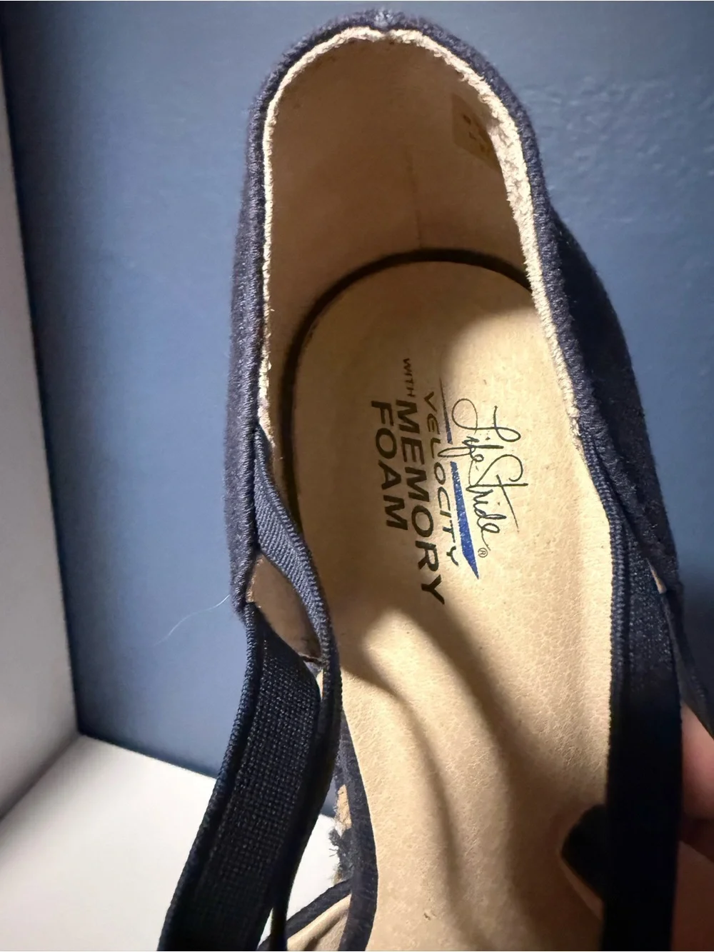 LifeStride Navy Blue Canvas Espadrille Wedge Sandals Cross Strap Size 8.5
